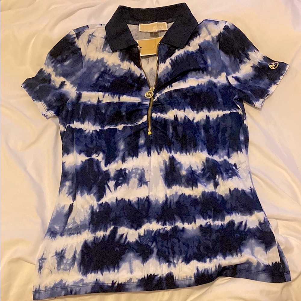 Nwt Michael Kors Navy &White Tie-Dye Women's Polo Shirt, Size Xs